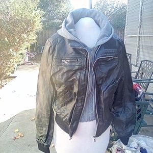 Leather jacket w/hooded liner attached